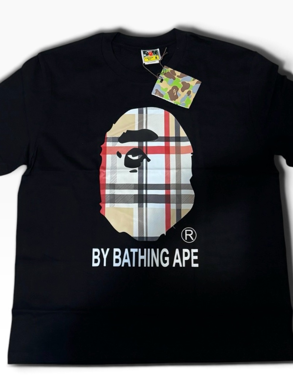 Bape Black Tee with Beige & Red Plaid Ape Head